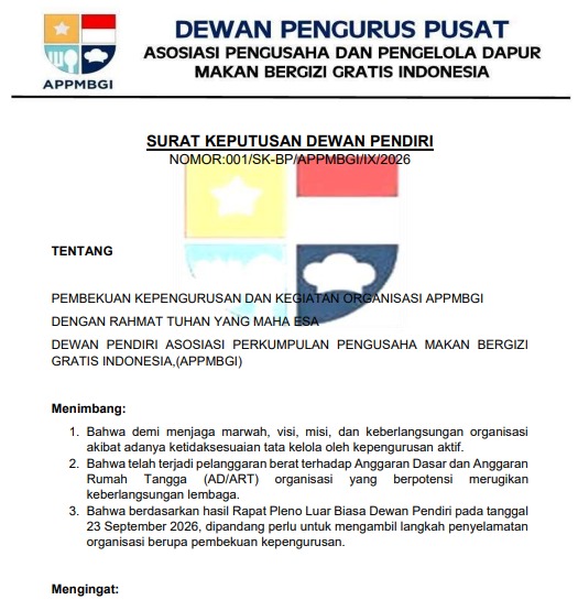 Dewan Pendiri Bekukan Kepengurusan DPP APPMBGI